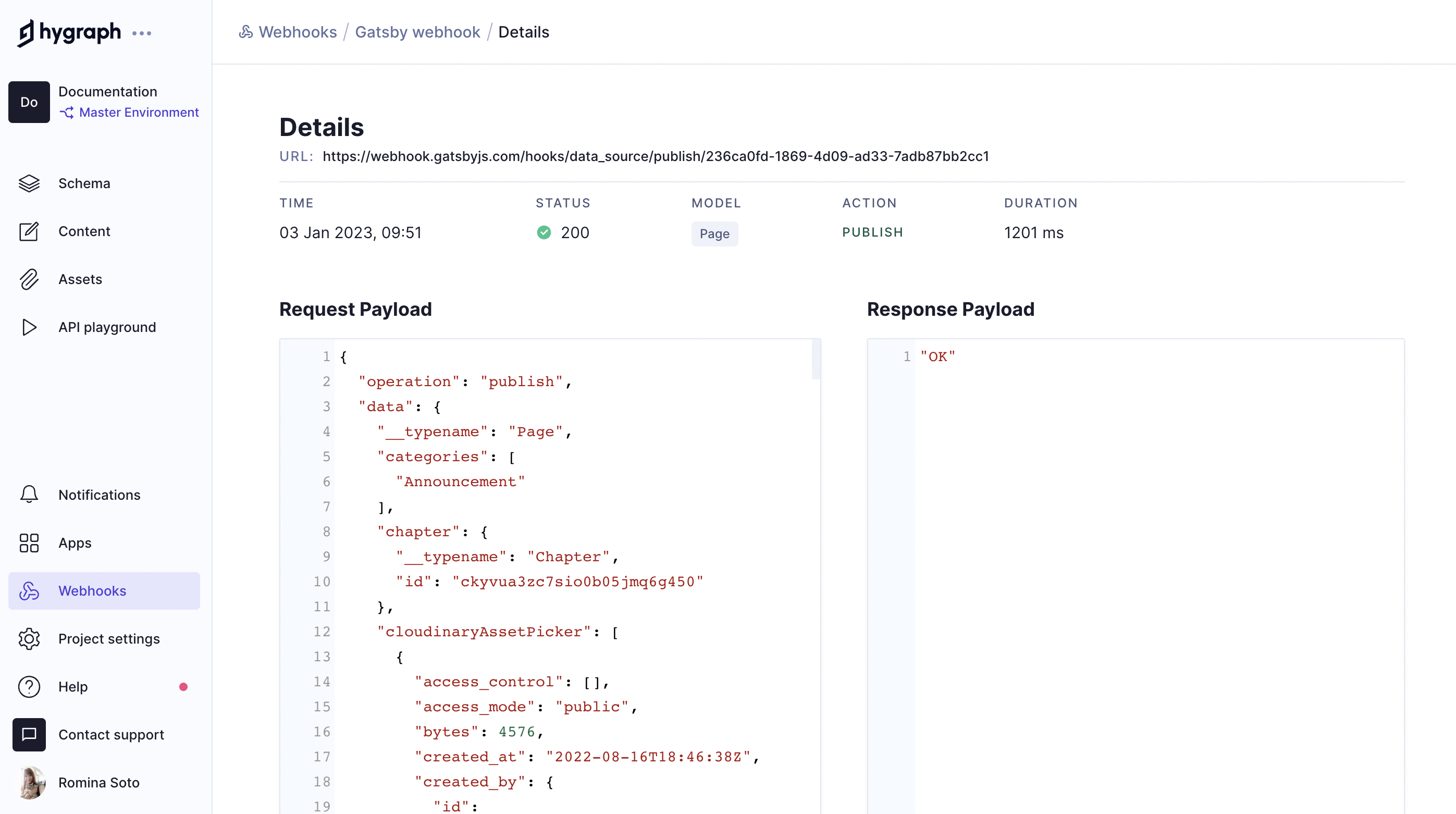 Gatsby webhook example - Log details